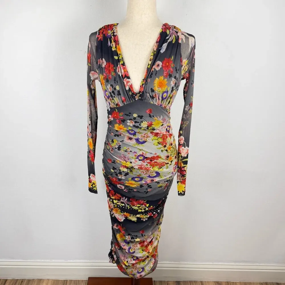 Fuzzi Black Grey Long Sleeve Floral Mesh Bodycon V neck Midi Dress Women's XL - Picture 3 of 9